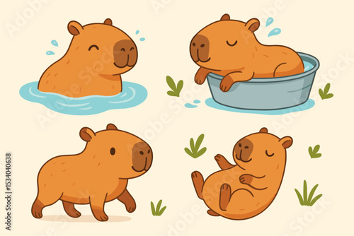 Set of cute cartoon capybara illustrations. Adorable kawaii animal character swimming in water, relaxing in a tub, walking, and lying down. Playful rodent mascot vector collection.