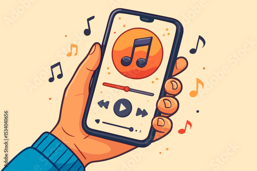 Hand holding smartphone with music streaming application. Listen to songs on mobile phone player. Online audio service, playlist, podcast concept. Digital multimedia entertainment vector.