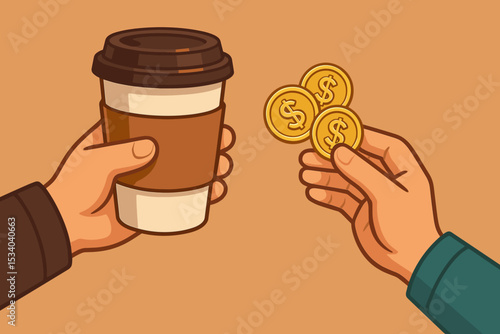 Hand exchanging money for coffee. Customer buying takeaway coffee with cash coins. Business transaction concept illustration. Barista serving a beverage for payment. Commerce.