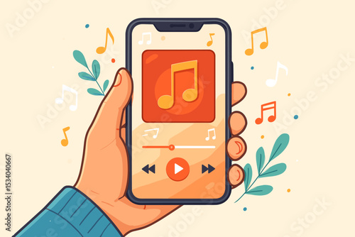 Music streaming app on smartphone screen. Hand holding mobile phone listening to song, playlist or podcast. Audio player interface. Online media, digital entertainment, technology concept.