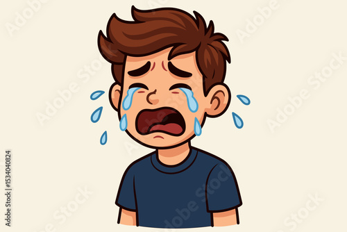 Crying boy character illustration. Sad young teenager face with tears. Upset kid sobbing from grief or pain. Concept of bullying, depression, mental health, despair, and sadness.