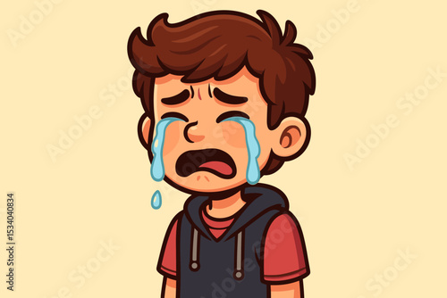 Upset young boy crying with tears. Concept of sadness, grief, depression, and bullying. Unhappy child with negative emotions. Vector illustration of a kid in despair and pain.