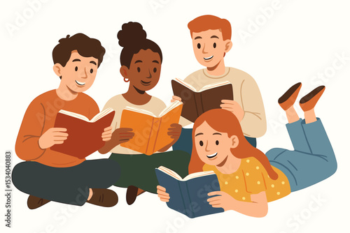 Group of happy diverse young people reading books together. Friends in a book club, students learning. Concept of education, literature, knowledge, and community. Vector illustration.