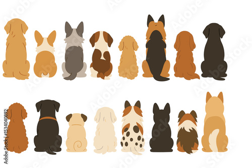 Group of cute dogs sitting from behind. Big set of various puppy breeds, back view. Collection of cartoon pet animals waiting together. Canine characters illustration isolated.