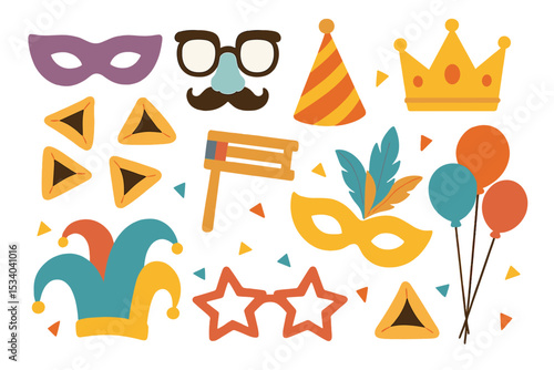 Happy Purim Jewish holiday elements set. Vector collection of carnival party accessories with mask, hamantashan, gragger, and crown. Flat design costume festive illustration.