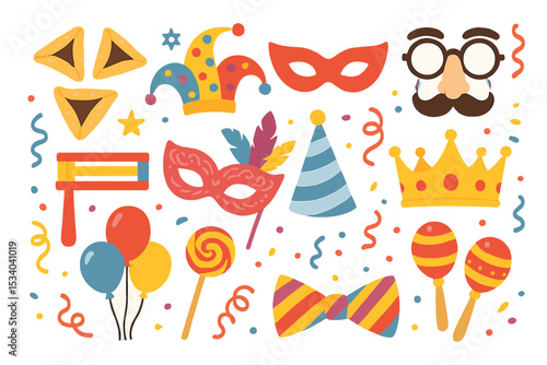 Happy Purim carnival set. Jewish holiday celebration with costume accessories. Vector illustration of mask, hamantaschen, gragger, crown, party hat, balloons and confetti.