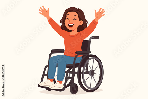 Happy disabled girl in wheelchair celebrating life with raised arms. Joyful young woman with disability smiling. Concept of inclusion, accessibility, empowerment and positivity.