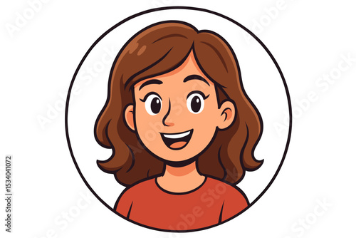Happy young woman cartoon avatar. Smiling female character headshot portrait illustration. Cute brunette girl with brown hair for profile picture, mascot logo, or user icon.