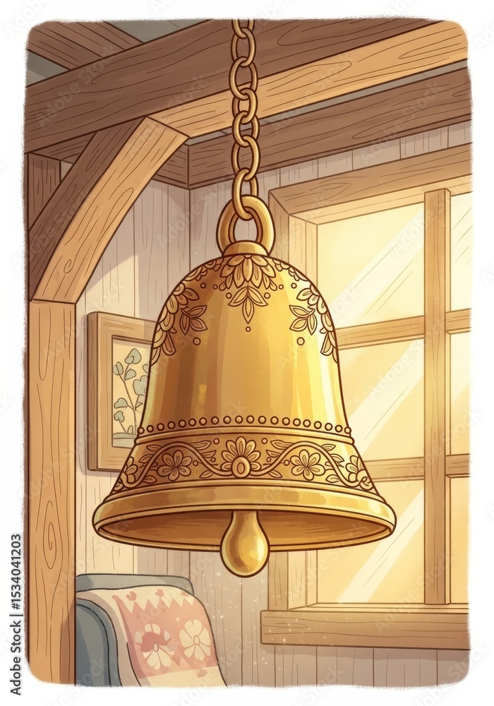 Obraz premium Ornate Golden Bell in Cozy Cottage - A golden bell, adorned with intricate floral designs, hangs in a rustic cottage, bathed in warm sunlight.