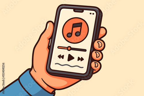 Hand holding smartphone with music player app on the screen. Listening to a song or podcast on a streaming service. Mobile audio application user interface. Vector illustration.