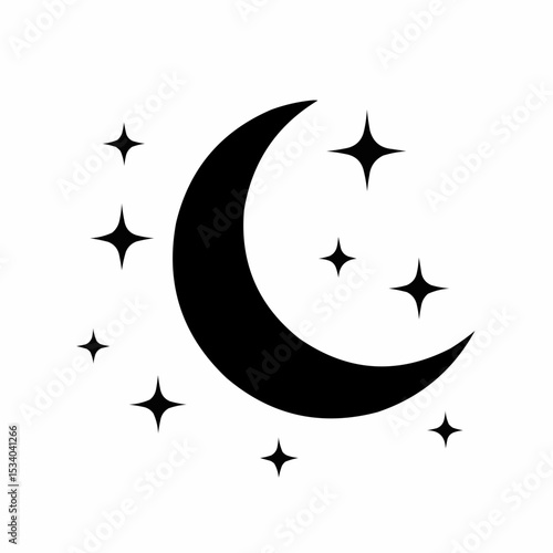 Moon and star. Black icon of moon for night. Pictogram of crescent and star. Logo for sleep and baby. Celestial symbol isolated on white background. Illustration for goodnight and ramadan. Vector