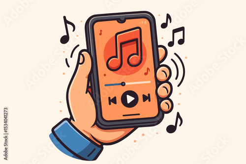 Hand holding smartphone with music player app on the screen. Listening to songs on an audio streaming service. Concept of mobile technology and entertainment. Cartoon vector illustration.