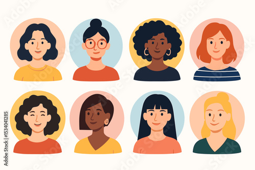 Collection of diverse female avatars. Set of multiethnic women portraits. People characters for profile pictures, social media, or business team. Modern flat vector illustration icons.