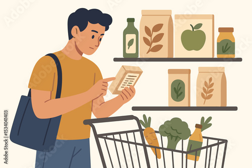 Man reading food label in a supermarket. Young customer choosing healthy organic products. Conscious buyer checking ingredients list on a package. Smart grocery shopping concept.