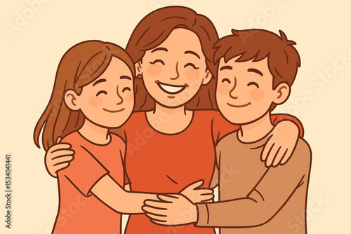 Happy mother embracing her teenage son and daughter. Loving family portrait illustration. Single mom with two children. Concept of motherhood, parental love, togetherness, and care.
