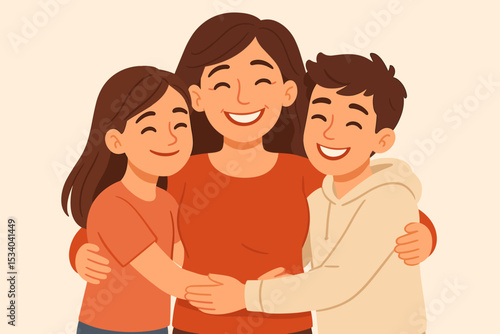 Happy mother embracing her teenage son and daughter. Loving single mom hugging children. Concept of family love, support, and togetherness. Flat vector illustration for Mother's Day.