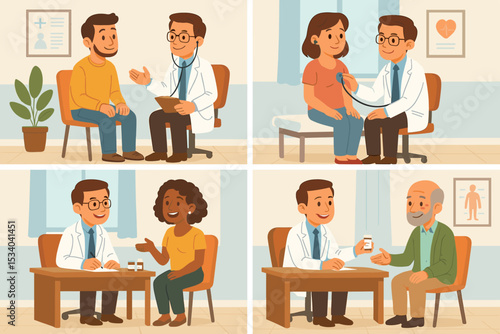 Doctor patient consultation scenes collection. Medical examination and healthcare appointment concept. Diverse characters in clinic for checkup, prescription, and treatment vector set.