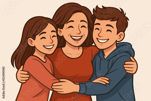 Happy mother embracing her teenage son and daughter. Loving single mom family portrait illustration. Concept of motherhood, parental love, support, and strong family bond.