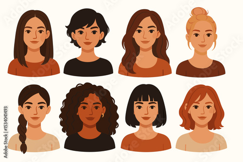 Set of diverse female portraits. Collection of multicultural women avatars with various hairstyles. User profile icons. Modern flat vector illustration of a multiethnic team.
