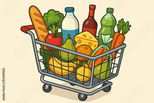 Grocery shopping cart overflowing with fresh food. Supermarket trolley filled with healthy produce, fruits, vegetables, dairy, bread and drinks. Consumer retail purchase concept.