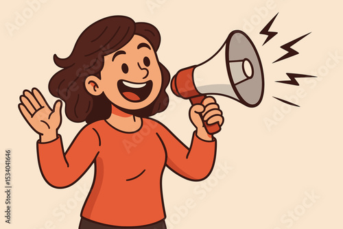 Cartoon woman shouting into a megaphone, making an announcement. Happy female character with loudspeaker. Concept for promotion, marketing, sale, news, alert, protest, leader.