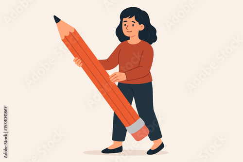 Creative woman holding a giant pencil. Concept for writing, education, and art. Young female author, student or artist with big ideas. Vector illustration for learning or storytelling.