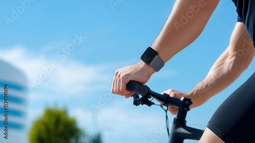 Close up of enjoying hand gripping handlebars while cyclist's smartwatch, wearing outdoor exercise