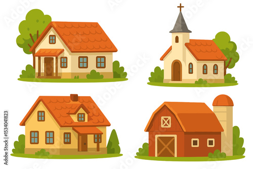 Set of countryside buildings illustration. Cartoon village houses, church, and red farm barn with silo. Rural architecture collection for game design or map element. Vector icon.