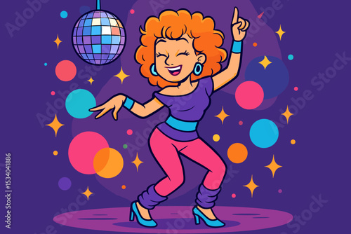 Retro disco vibes with a cartoon woman dancing. Funky 80s style character at a party under a disco ball. Groovy illustration for nightclub, music event or celebration flyer.