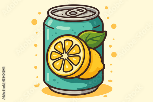 Cute cartoon lemon soda can vector illustration. Fresh citrus lemonade soft drink in aluminum tin. Refreshing summer beverage icon for menu or packaging design. Flat style sticker.