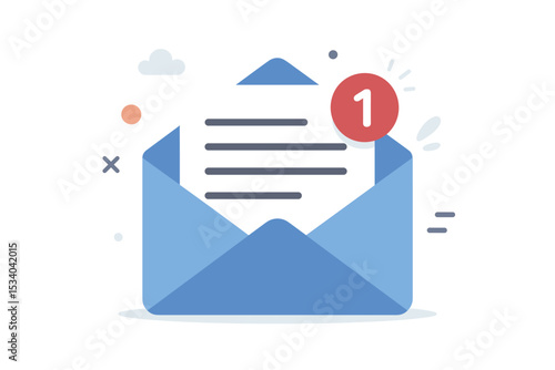 Email notification icon with one new message. Open envelope with letter in inbox. Vector illustration for communication, correspondence, and alert. Flat design symbol for app or web.