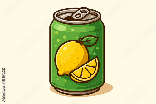 Lemon soda can cartoon vector illustration. Refreshing citrus soft drink in green aluminum container. Fresh lemonade or lime beverage icon for packaging, sticker or menu design.