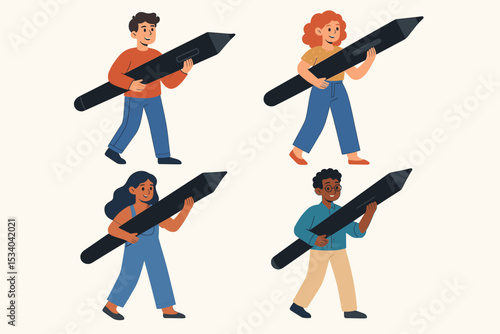 Set of diverse digital artists and graphic designers holding giant stylus pens. Creative team of illustrators walking. Men and women characters for design and technology concepts.