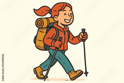 Happy female hiker with a backpack and trekking poles on an adventure. Cartoon character walking outdoors. Active lifestyle, tourism, and exploration vector illustration concept.