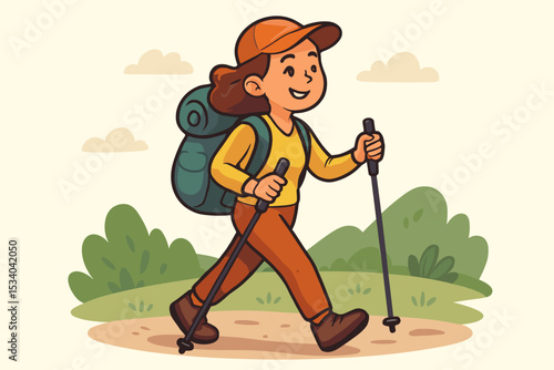 Happy woman hiking adventure cartoon vector. Female trekker with backpack and poles walking on a nature trail. Outdoor activity, exploration, and healthy lifestyle concept.