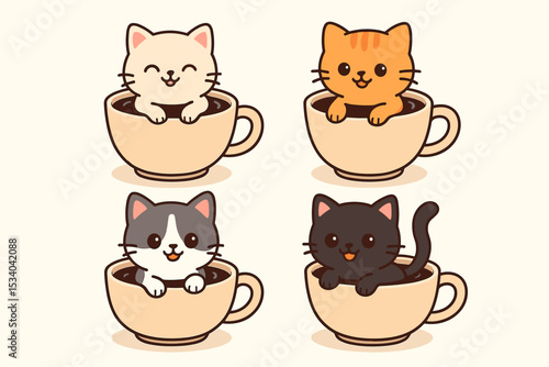 Collection of cute kawaii cats in coffee cups. Adorable cartoon kittens set. Funny animal characters sitting in mugs vector illustration for cafe menu, sticker, or pet lovers.