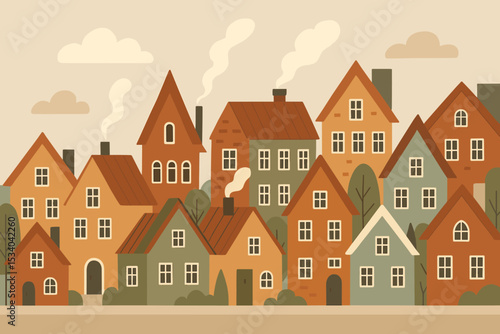 Cozy Scandinavian town street illustration. Charming village cityscape background with cute houses and smoke from chimneys. Nordic architecture in a quaint neighborhood. Flat vector design.