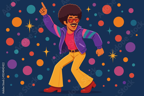 Funky man dancing at a disco party. Groovy cartoon character in 70s 80s retro fashion with afro hairstyle and mustache. Vintage nightlife vector illustration for a music event.