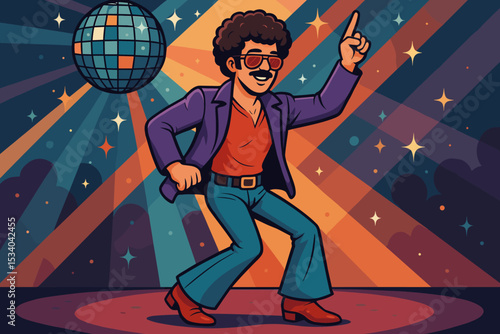 Retro 70s disco man dancing under a glitter ball. Vector illustration of a groovy character with afro and bell bottoms at a nightclub party. Vintage 1980s funk music concept.