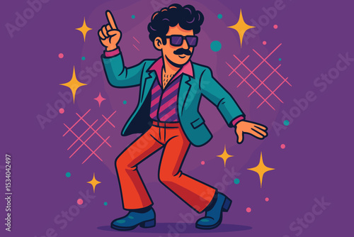 Retro 70s 80s disco man dancing at a party. Funky cartoon character with mustache and sunglasses on a nightclub dance floor. Groovy vector illustration for music event poster.
