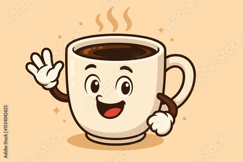Cute coffee cup character mascot waving hello. Friendly smiling mug with hot black coffee. Retro cartoon vector illustration for cafe menu, coffee shop, beverage brand or logo.