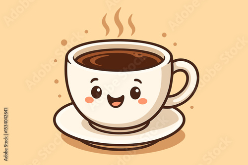 Cute coffee cup character with a happy smile. Kawaii cartoon mascot of a hot black coffee mug with steam. Cheerful beverage illustration for a cafe menu, coffee shop, or morning.