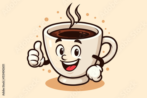 Happy coffee cup cartoon mascot giving a thumbs up. Cute character with a smiling face. Steaming hot mug of black coffee or espresso. Vector logo icon for cafe or coffee shop.