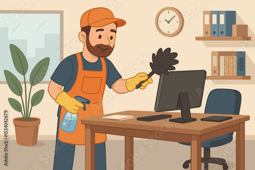 Professional male cleaner in uniform cleaning an office. Janitor with duster and spray tidying up a workplace. Commercial cleaning service concept. Disinfection and hygiene.