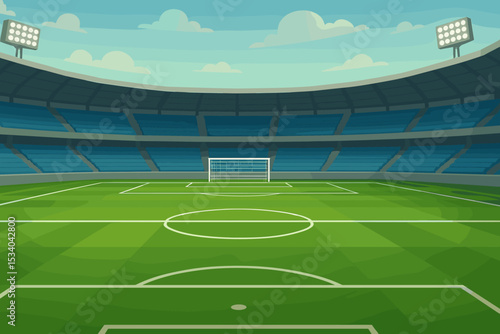 Empty soccer stadium with green field. Football arena background for sport game concept. Cartoon vector illustration of a pitch with goal, tribune and lights for championship.