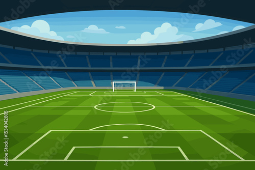 Vector illustration of an empty soccer or football stadium. Arena with green grass field, goal, and blue tribune seats under a sunny blue sky. Sports background concept.