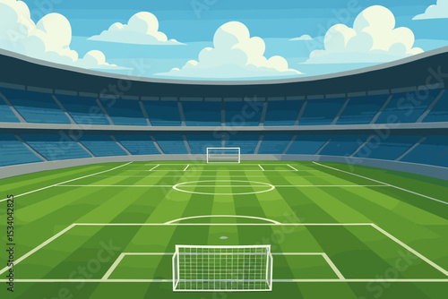 Soccer stadium background. Empty football arena with green pitch and goal. Sport field for championship game. Cartoon vector illustration of tribune seats and blue sky. Game day concept.