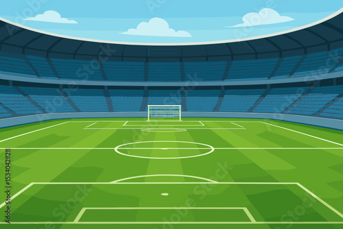 Empty soccer stadium with green grass field and goal. Football arena background with blue tribune seats. Professional sports pitch for game, tournament or championship. Vector illustration.