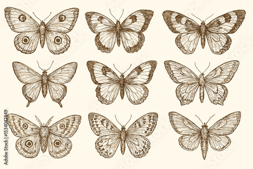 Collection of vintage butterflies and moths. Hand drawn retro insect illustration set. Engraving style sketch for zoology or scientific entomology study. Sepia drawing.