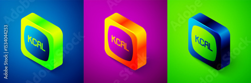 Isometric Kcal icon isolated on isolated on blue, purple and green background. Health food. Square button. Vector